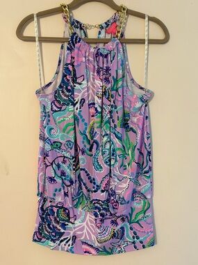 LILLY PULITZER Purple Printed Halter Tank with Gold Chain Detail